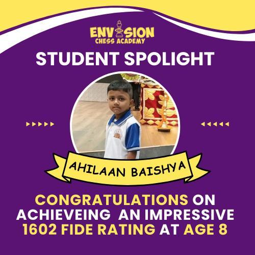 Ahilaan Baishya, Envision Chess Academy student, 1602 FIDE rating at age 8