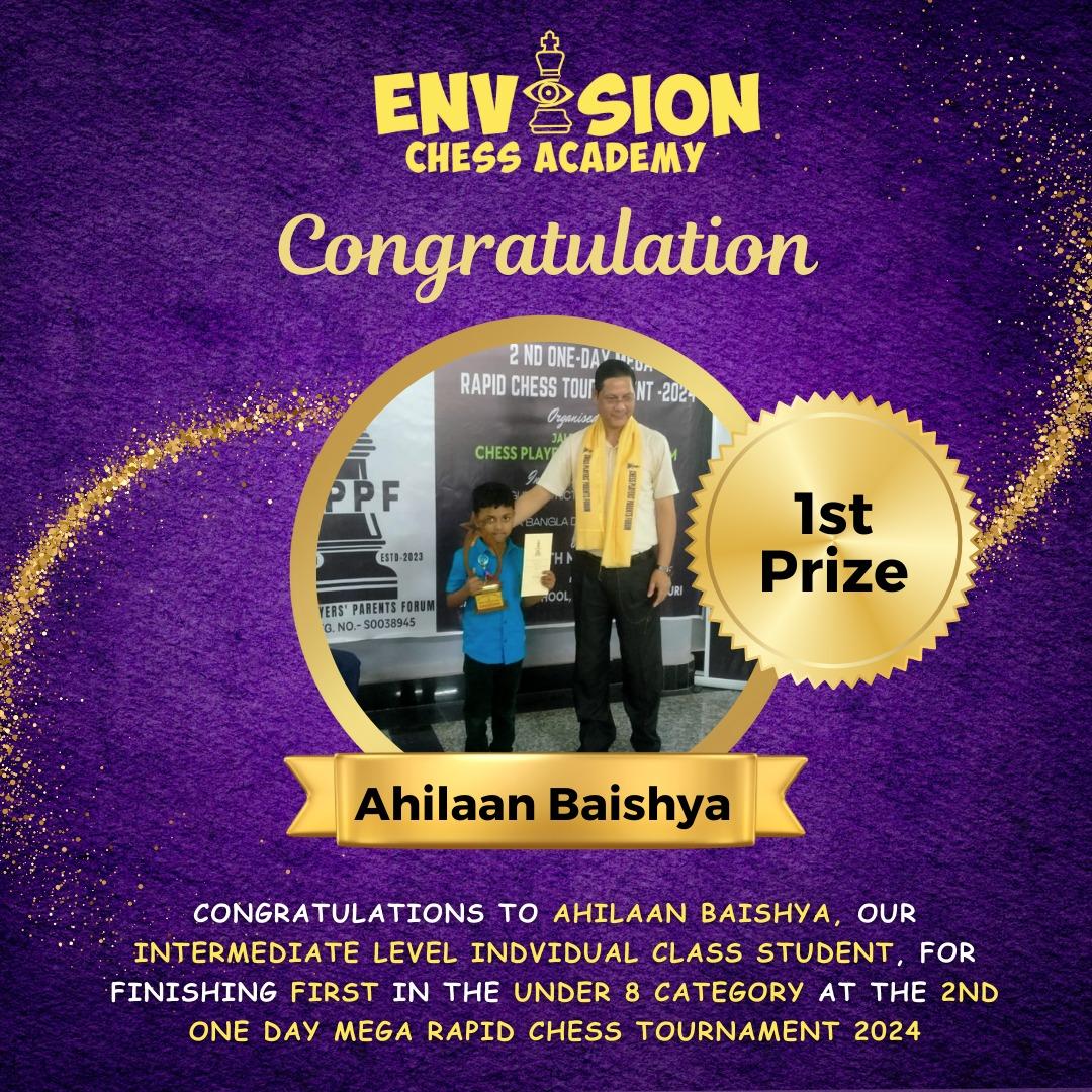 Ahilaan Baishya, Envision Chess Academy student, 1st in Under 8 category at 2nd One Day Mega Rapid Chess Tournament 2024