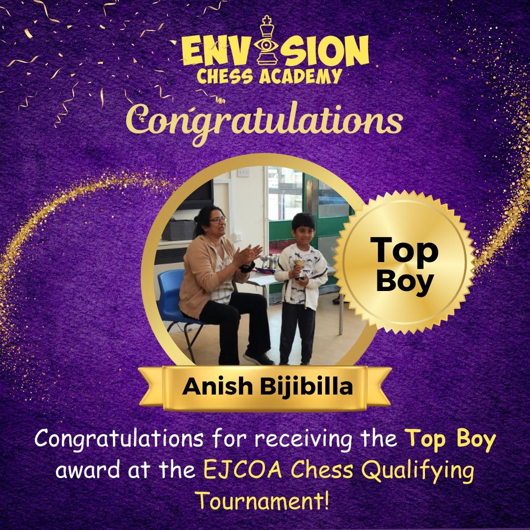Anish Bijibilla, Envision Chess Academy student, Top Boy award at EJCOA Chess Qualifying Tournament