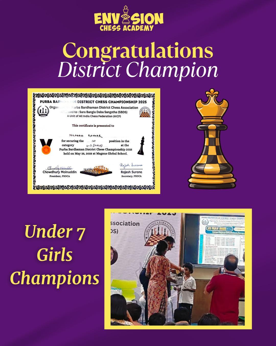 Nilasha Konwar, Envision Chess Academy student, 1st in U-7 Girls at Purba Bardhaman District Chess Championship 2025 in Magnus Global School