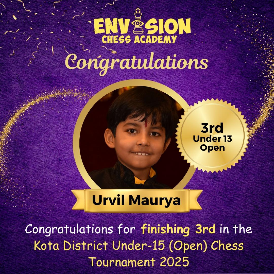 Urvil Maurya, Envision Chess Academy student, 3rd in Under 13 Open at Kota District Under-15 Open Chess Tournament 2025 in Kota