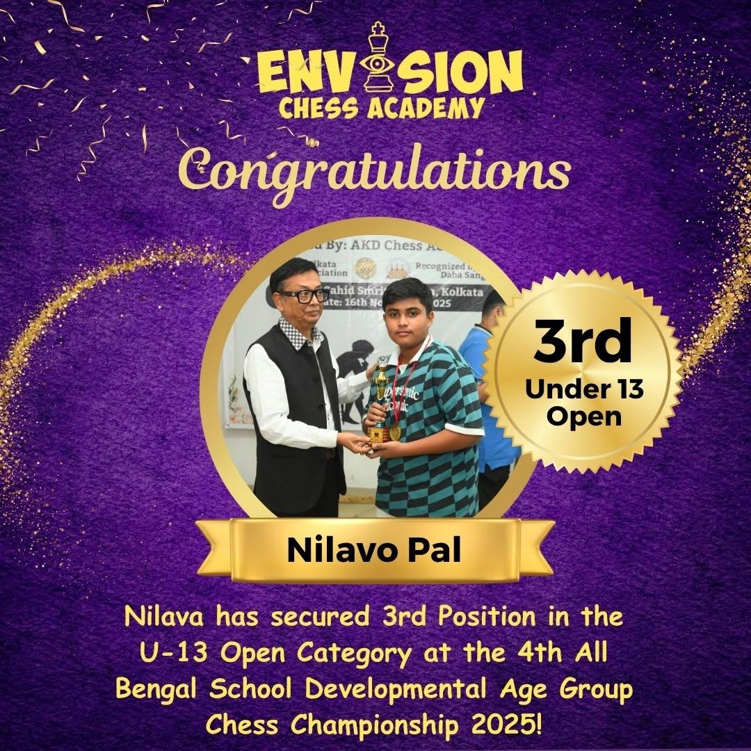 Nilavo Pal, Envision Chess Academy student, 3rd in U-13 Open Category at 4th All Bengal School Developmental Age Group Chess Championship 2025 in Kolkata