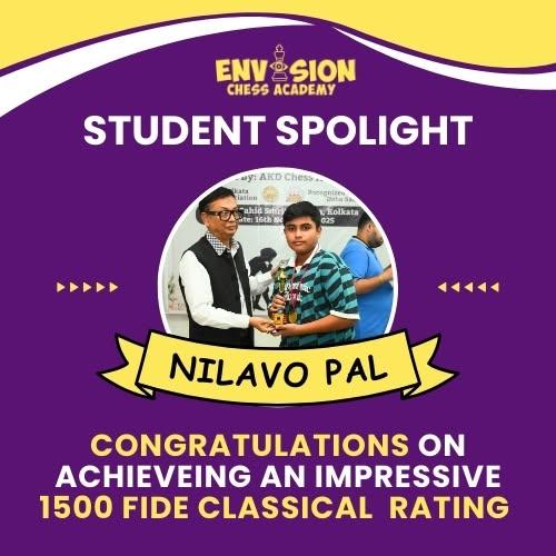Nilavo Pal, Envision Chess Academy student, 1500 FIDE classical rating
