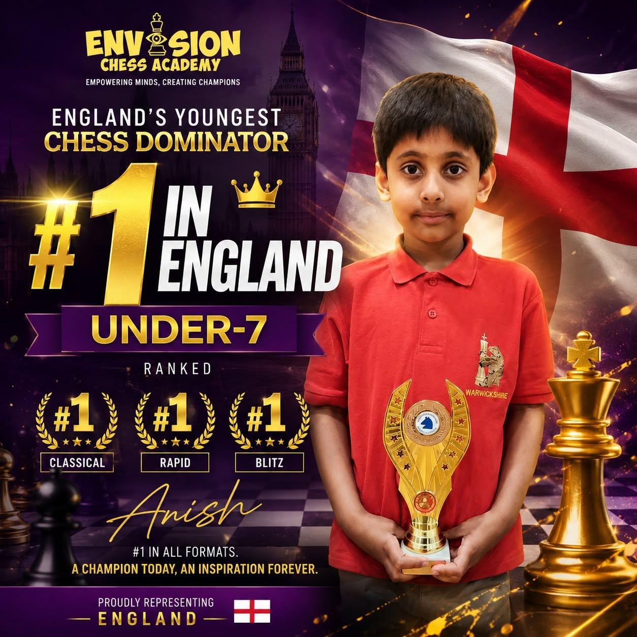 Anish, Envision Chess Academy student, #1 in England Under-7; #1 in Classical, Rapid, and Blitz at England Under-7 chess rankings in England