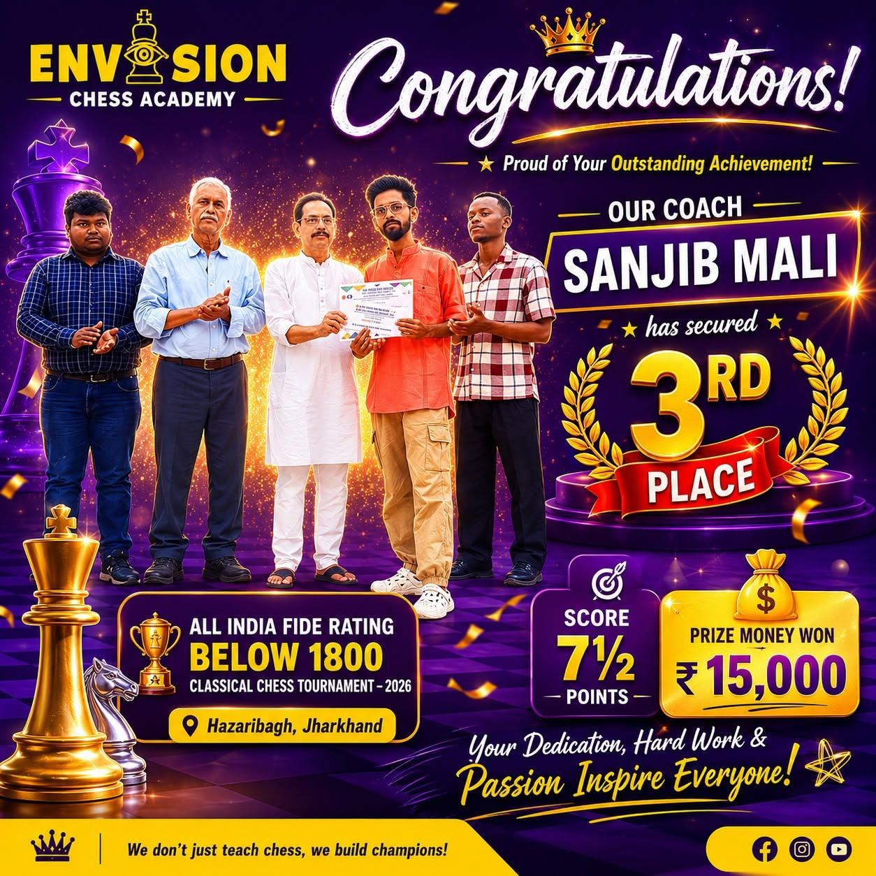 Sanjib Mali, Envision Chess Academy student, 3rd Place with 7.5 points and Rs 15,000 prize money at All India FIDE Rating Below 1800 Classical Chess Tournament 2026 in Hazaribagh, Jharkhand