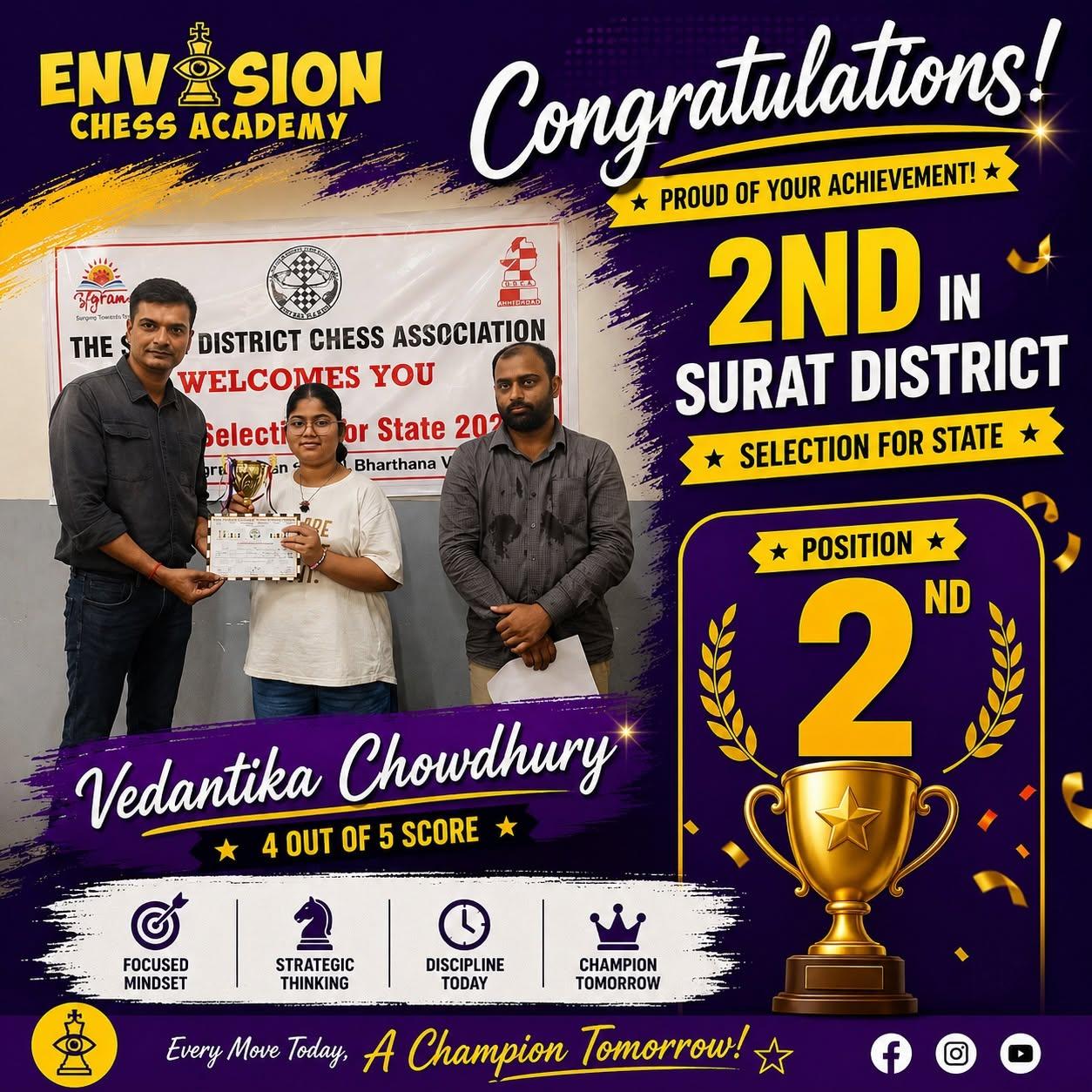 Vedantika Chowdhury, Envision Chess Academy student, 2nd position with 4 out of 5 score at Surat District Selection for State in Surat District