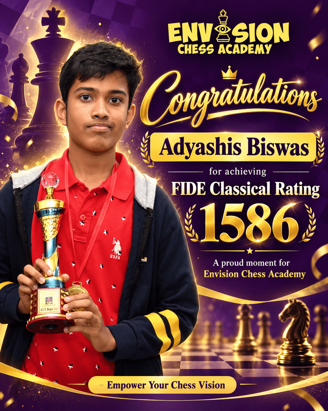 Adyashis Biswas, Envision Chess Academy student, Achieved